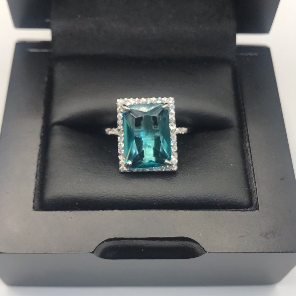 925 Sterling Silver Emerald Cut Blue Topaz Halo Ring Size 8.5 Women Jewelry